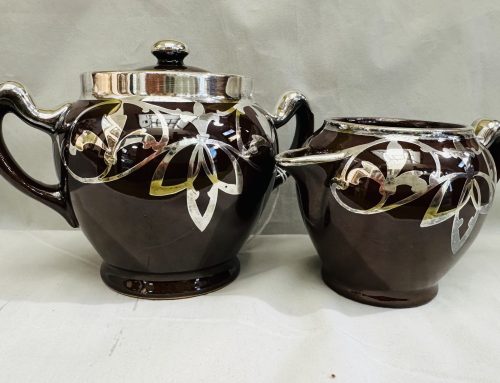 #93 – English brown pottery sterling  art nouveau (cream & sugar)